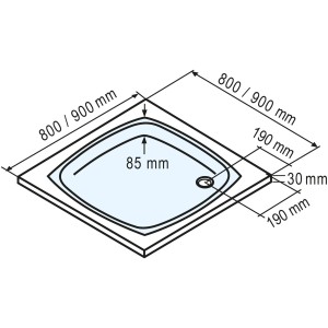 Technische Zeichnung: Schulte Duschwannen-Set Extraflach Quadrat 90x90 cm, Maße und Details.