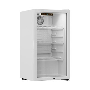 Weißer PKM Kühlschrank GKS168W mit Glastür und Drahtablagen für Getränke.