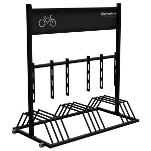 Schake Fahrradständer Mobil, tiefschwarz, mit Werbeschild, Basismodell ohne Steckdosen.