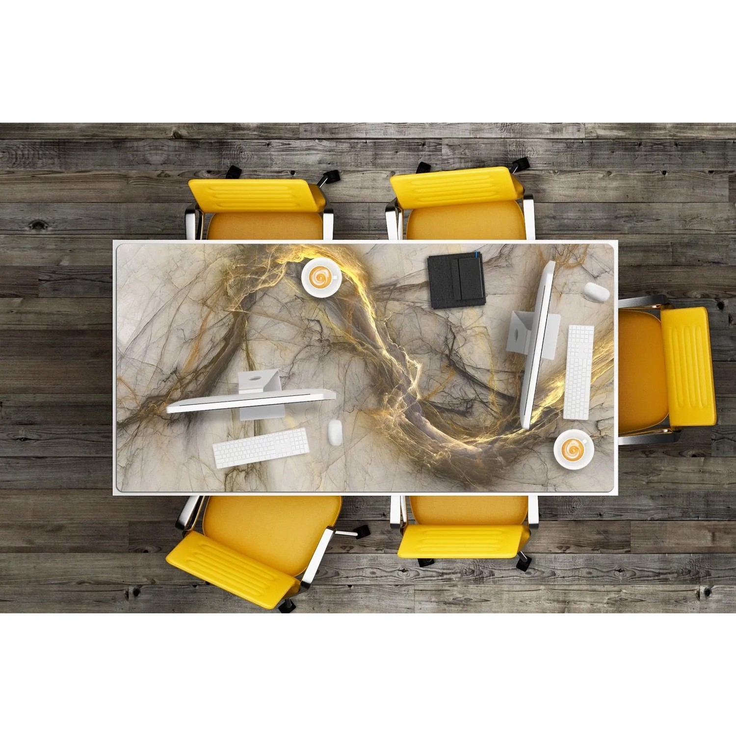 Tulup Schreibtischunterlage Goldener Marmor, beige, auf Holztisch mit PC, Tastatur, Maus und Kaffee. Büro.