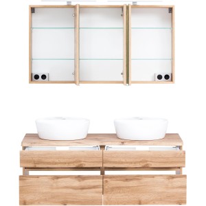 Held Möbel Doppelwaschtisch-Set Trient 120 cm in Wotaneiche mit Aufsatzbecken und Spiegelschrank.