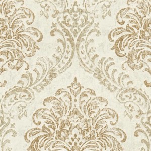 Weiße Vliestapete mit goldenem Barock-Ornamentmuster. Dekorative Tadessi Tapete mit elegantem Design.