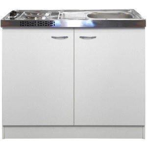 Flex-Well Miniküche Wito, 100 cm, Weiß, mit Spüle und 2-Platten-Kochfeld.