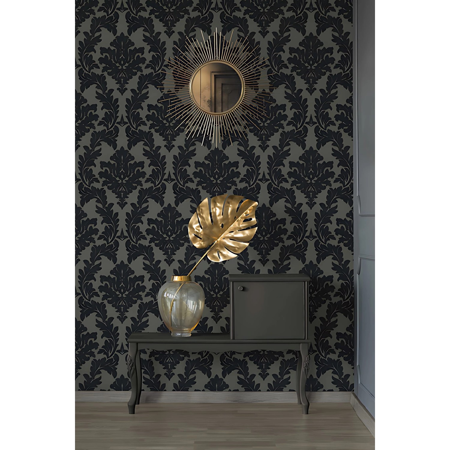 Barock Tapete in Silber, Schwarz und Grau mit Ornament Muster von PROFHOME.
