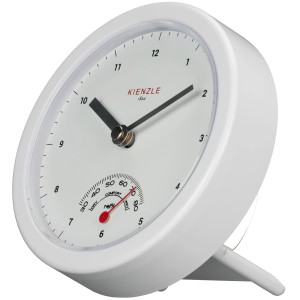 Weiße Kienzle Badezimmeruhr (Ø 14cm) mit Hygrometer und Standfuß.