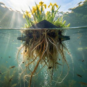 Schwimmende Teich Pflanzeninsel mit gelben Iris-Blüten und Wurzeln unter Wasser. Klares Wasser, Sonnenlicht.