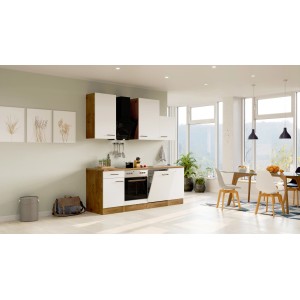 Flex-Well Küchenzeile Vintea 220 cm, Magnolia/Lancelot Oak, mit E-Geräten und Spüle.