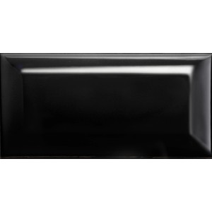 Glänzende, schwarze Metro Wandfliese mit Facetten-Kante, 7,5x15 cm.