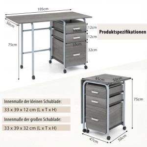 Costway Klappbarer Computertisch mit 3 Schubladen Schreibtisch Grau