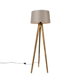 Ländliche QAZQA Tripod Stehleuchte aus Holz mit taupefarbenem Leinenschirm, 45 cm Durchmesser.