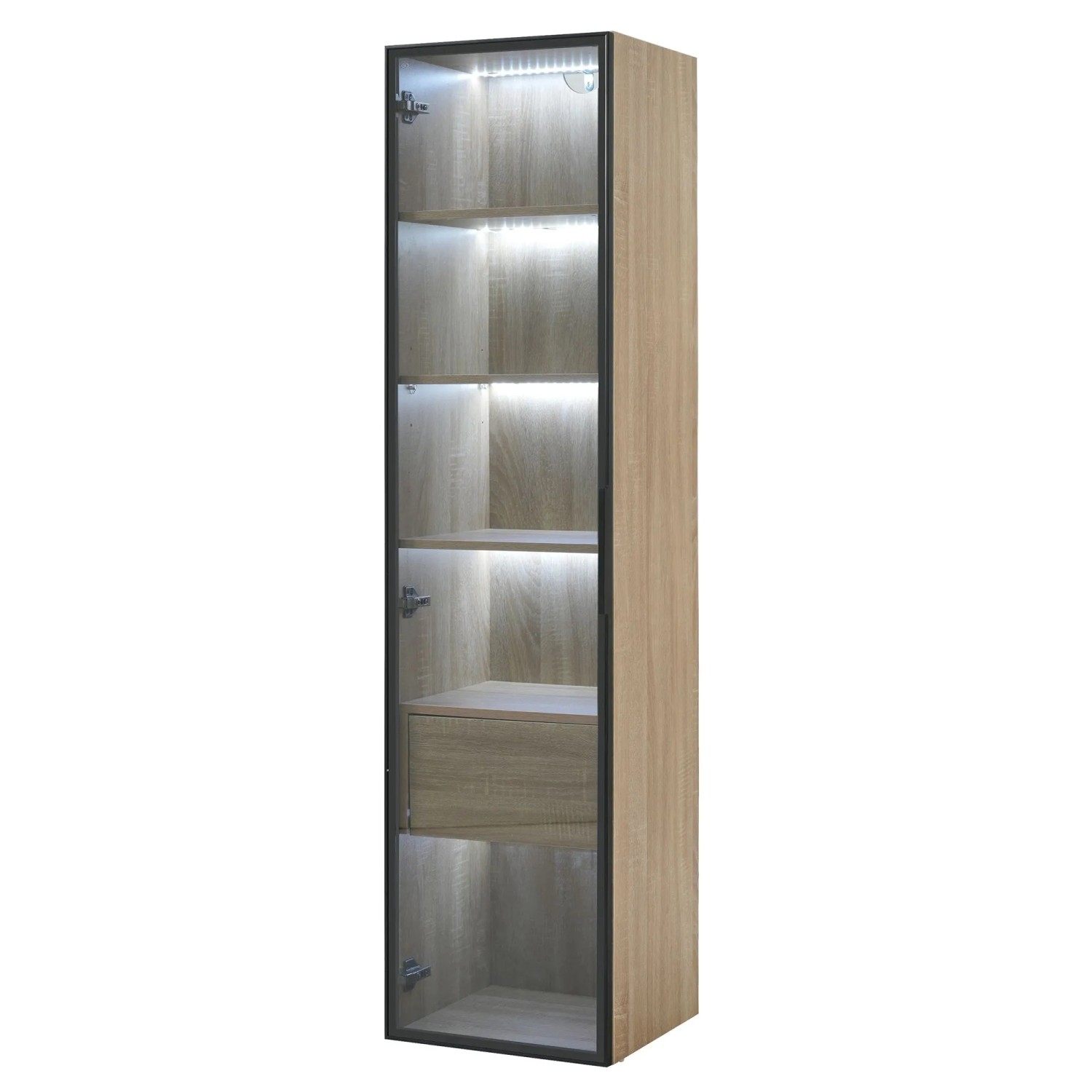 okwish Badezimmerschrank mit Lichtleiste 1 Schublade 1 Tür Glastür 40x35x165cm Natur