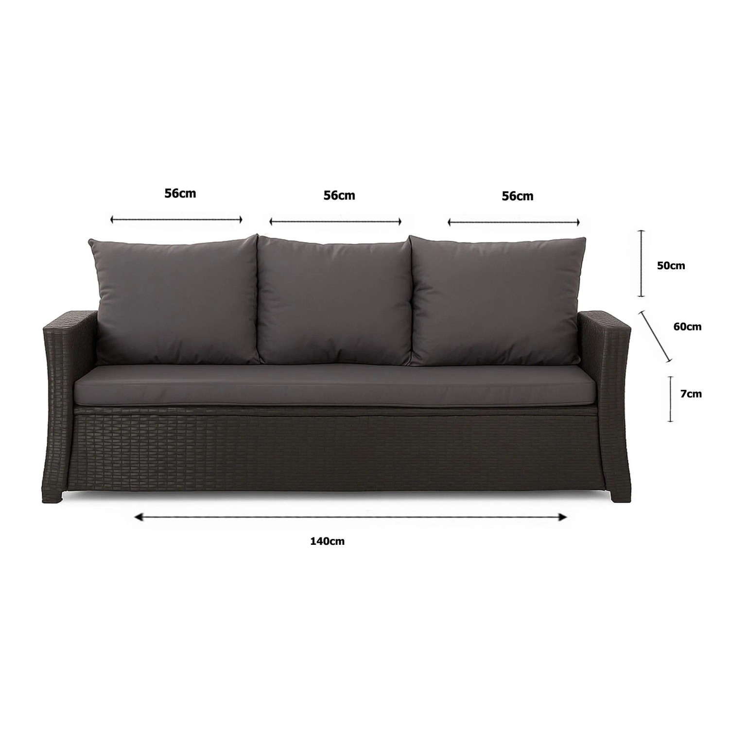 Anthrazitfarbenes Gartenkissen Set für 3-Sitzer Polyrattan Gartensofa, 140x60x50 cm.
