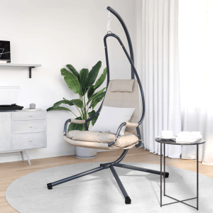 Taupefarbener vidaXL Hängesessel mit Stahlgestell, Kissen und Ständer. Ideal für Balkon und Terrasse.