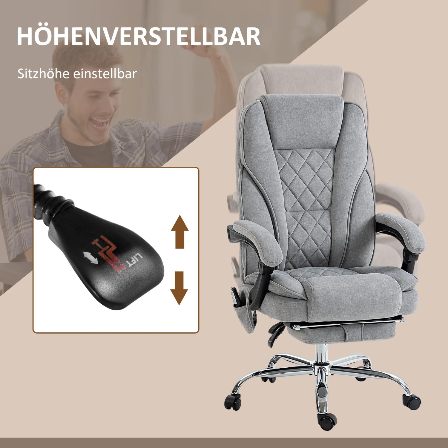 Grauer Vinsetto Bürostuhl mit Massagefunktion und Höhenverstellung.
