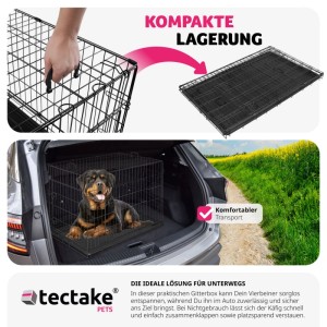 Tectake Hundekäfig Luna, klappbar, mit Hund im Kofferraum und Detailaufnahme der Tragegriffe.
