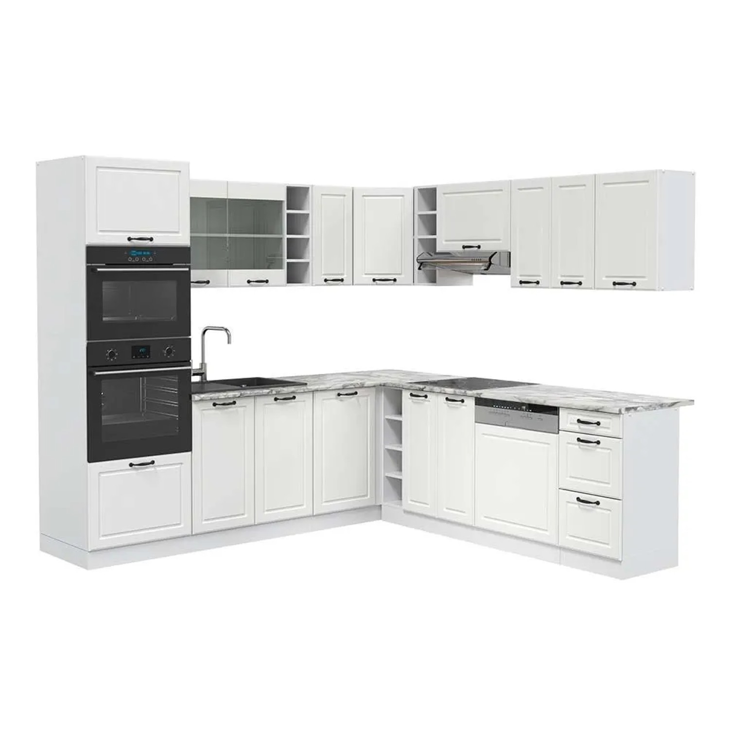 Vicco Eckküche R-Line Weiß Landhaus/Weiß 247 x 82, AP Marmor