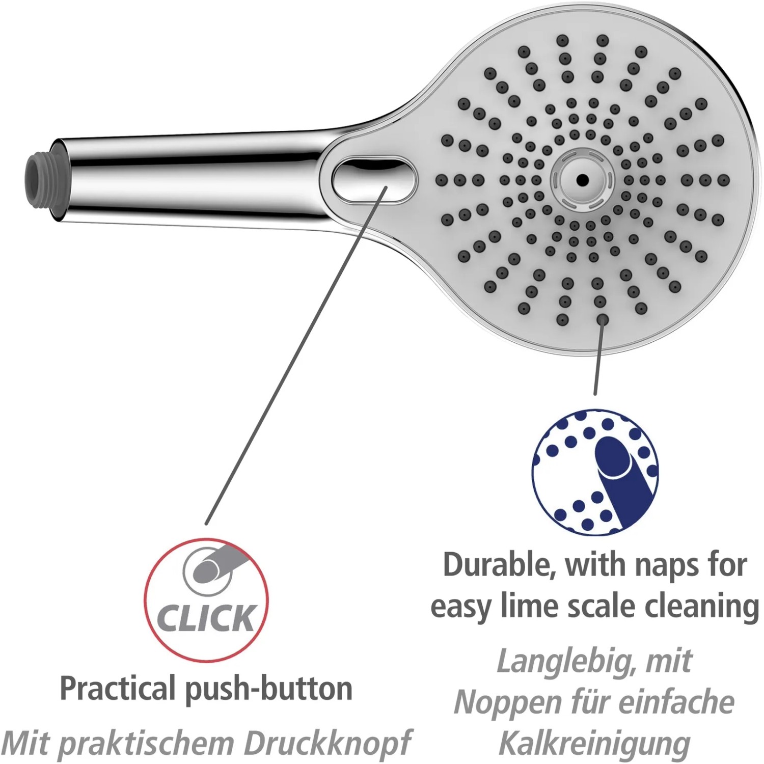 Wenko Duschkopf Ultimate Shower, chrom/weiß, Ø 13 cm, mit verschiedenen Funktionen und Antikalk-Noppen.