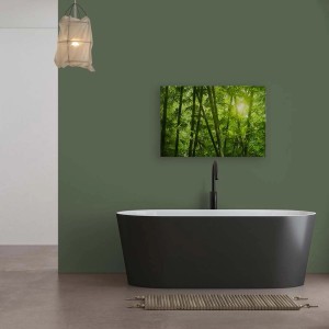 Wandbild Bambuswald auf Leinwand, grüne Natur mit Sonnenlicht, 90x60 cm, für Wohnraum und Bad.