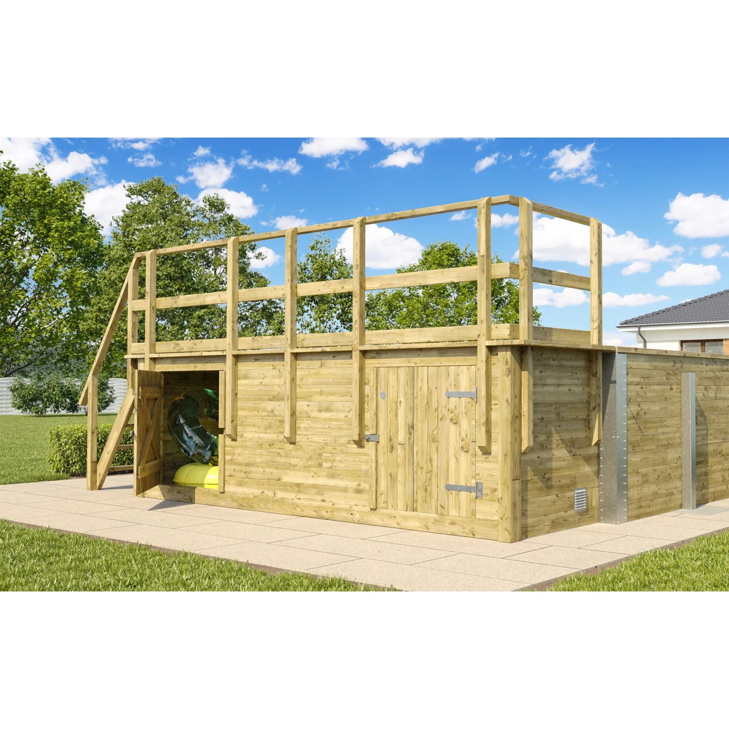 Weka Holzpool mit Sonnendeck, Technikraum und Sandfilteranlage. Kesseldruckimprägniert für lange Haltbarkeit.