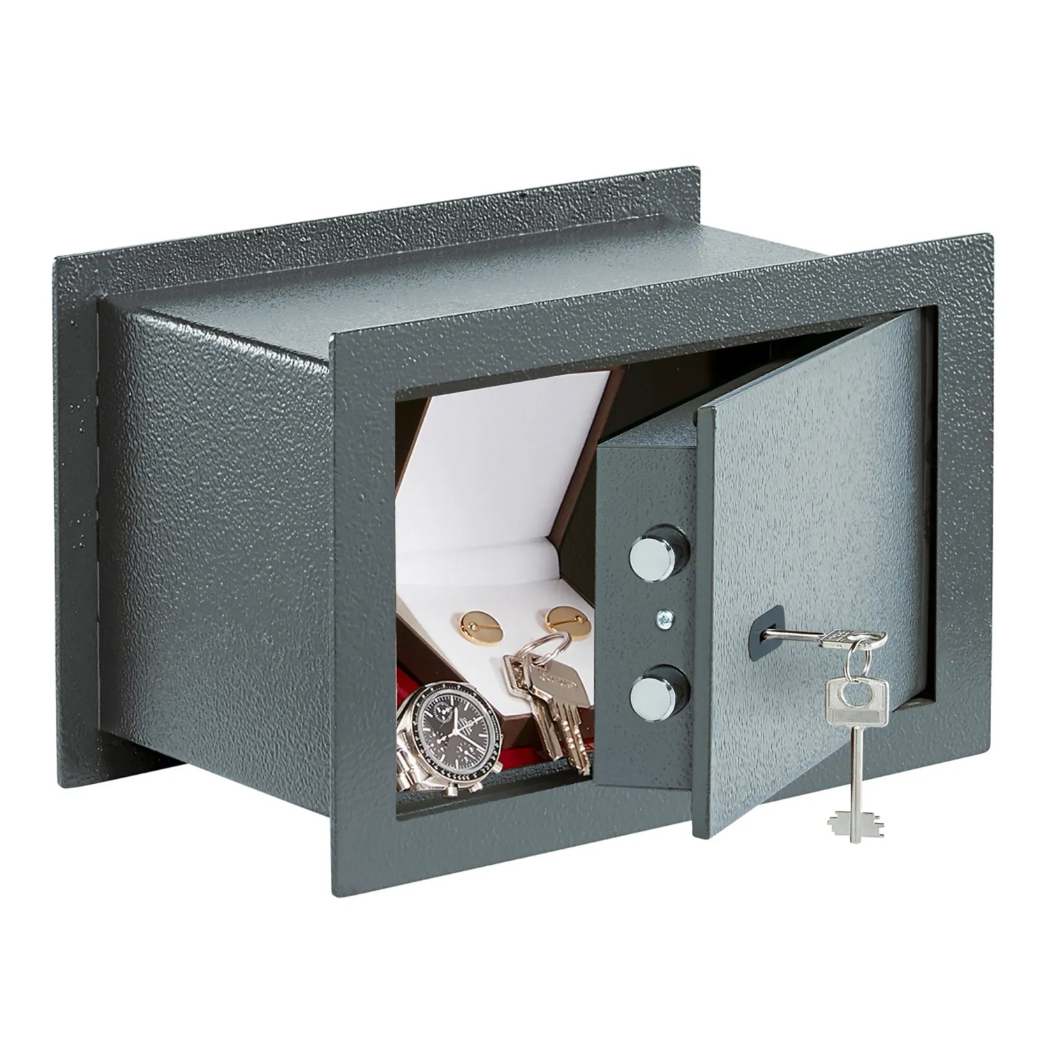 Burg Wächter Wandtresor Pure Safe PSW 120 K Anthrazit mit geöffneter Tür und Inhalt.