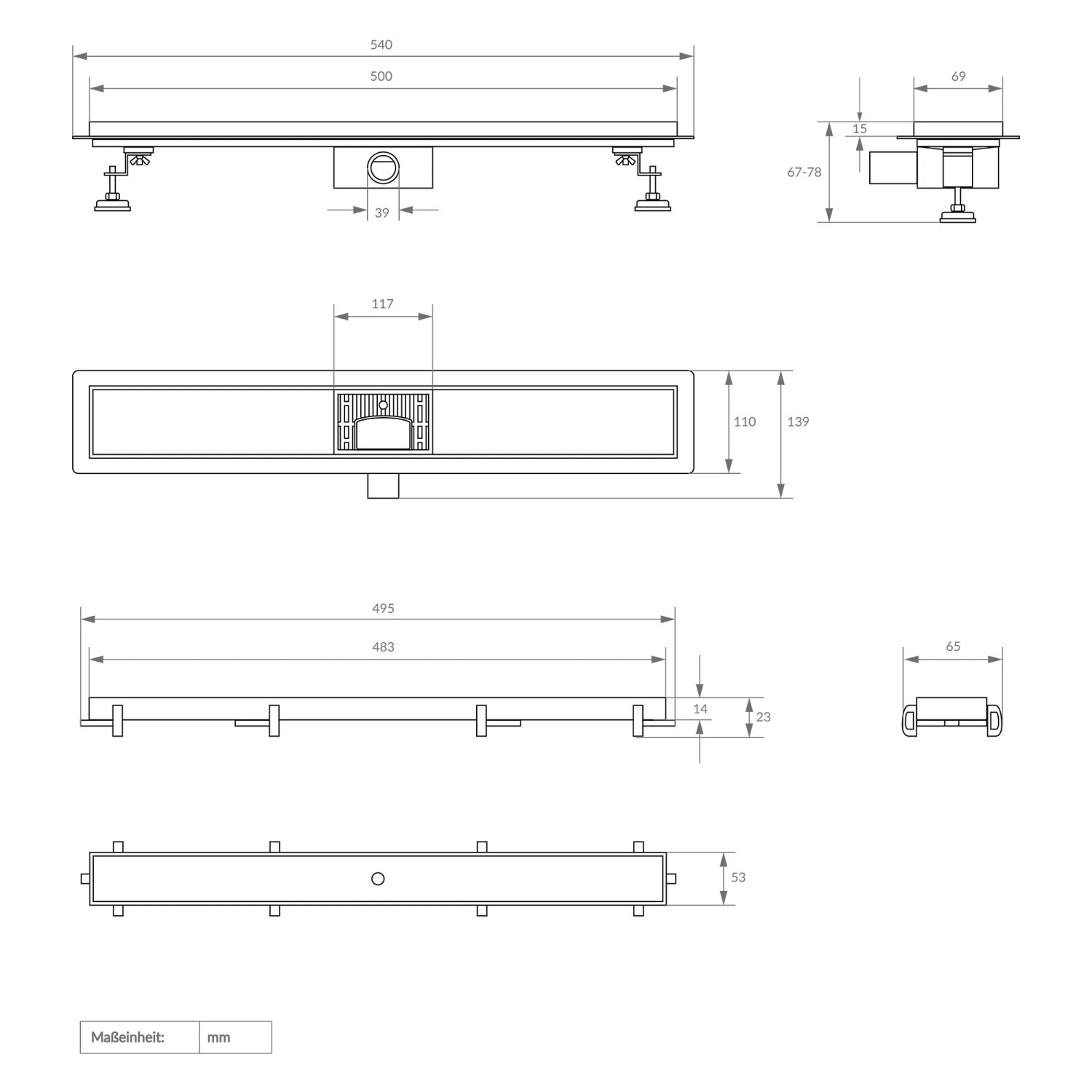 Technische Zeichnung: LuxeBath Duschrinne, 50cm, 2in1 befliesbar, extra flach, schwarz, doppelseitig.