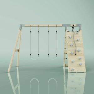 PolarPlay Klettergerüst Biene mintgrün mit Schaukel und Kletterwand aus Holz.