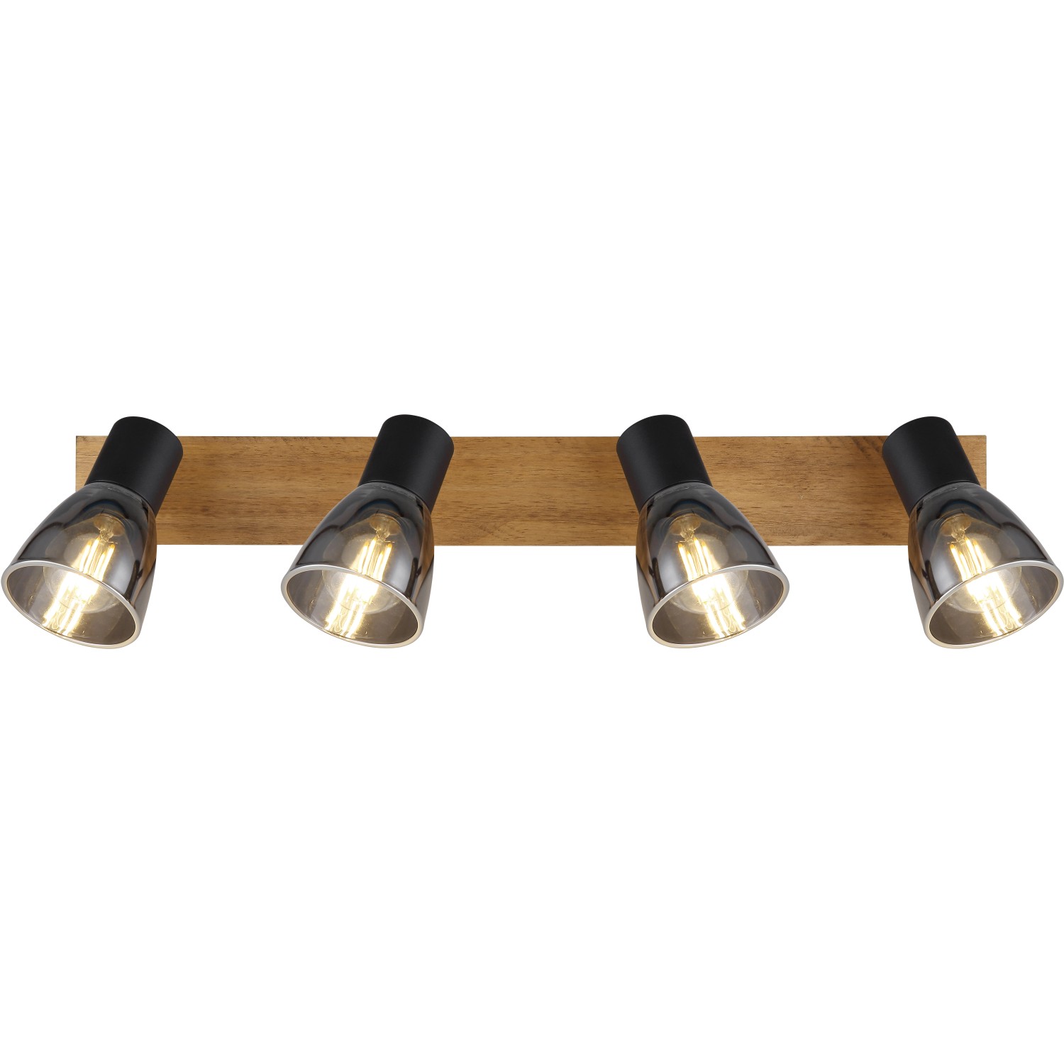 Globo Strahler Claude, 4-flammig, dunkelbraunes Holz, Rauchglas-Schirme, für Spots.