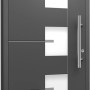 Moderne, anthrazitfarbene Aluminium Sicherheitshaustür mit Glaselementen und Edelstahlgriff.