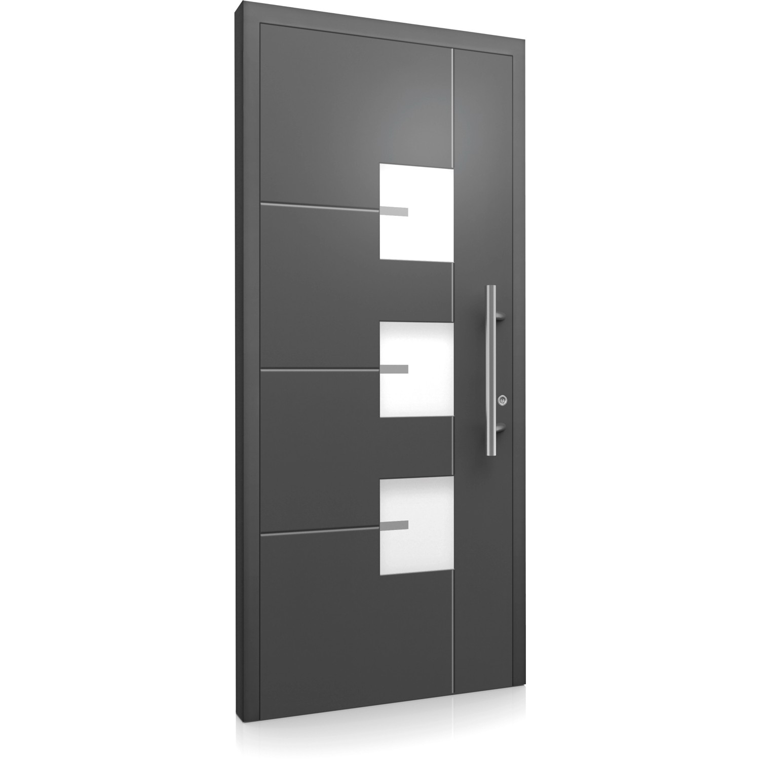 Moderne, anthrazitfarbene Aluminium Sicherheitshaustür mit Glaselementen und Edelstahlgriff.