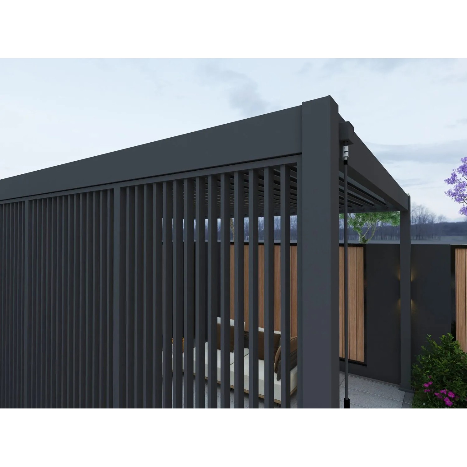 Weide Lamellenwand in Anthrazit für Pergola, Aluminium, vertikale Paneele als Wind- und Sichtschutz.