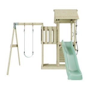 PolarPlay Kinderschaukel Bergen mintgrün mit Spielturm und Rutsche.