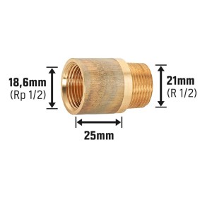 Hahnverlängerung aus Rotguss, 18,6 mm x 21 mm, 25 mm Länge, für Gewindefittings.