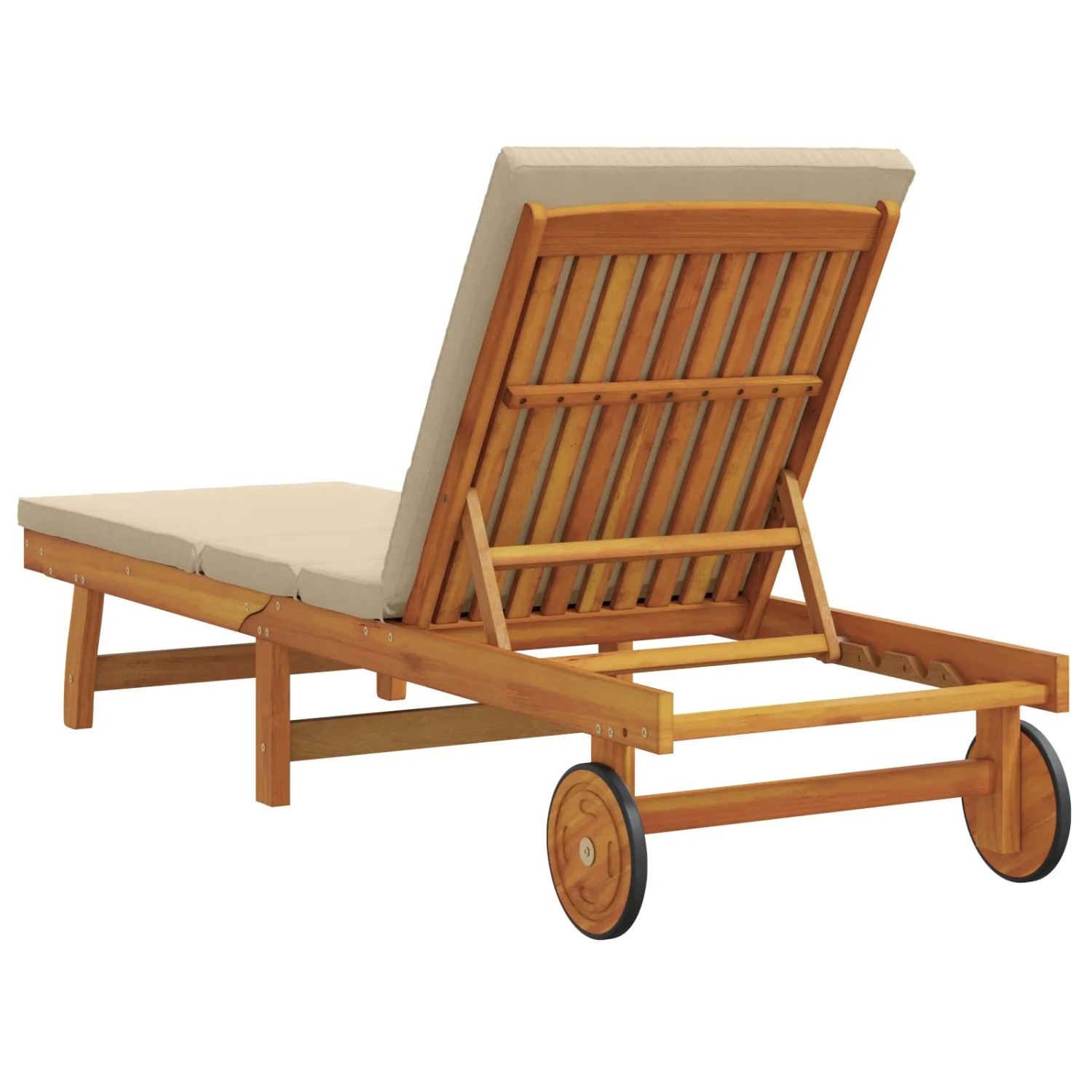 Beige vidaXL Sonnenliege aus Akazienholz mit Rädern und Kissen, verstellbare Rückenlehne.