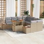 Beiges 9-teiliges vidaXL Garten-Sofa-Set aus Poly Rattan mit Tisch und Kissen.