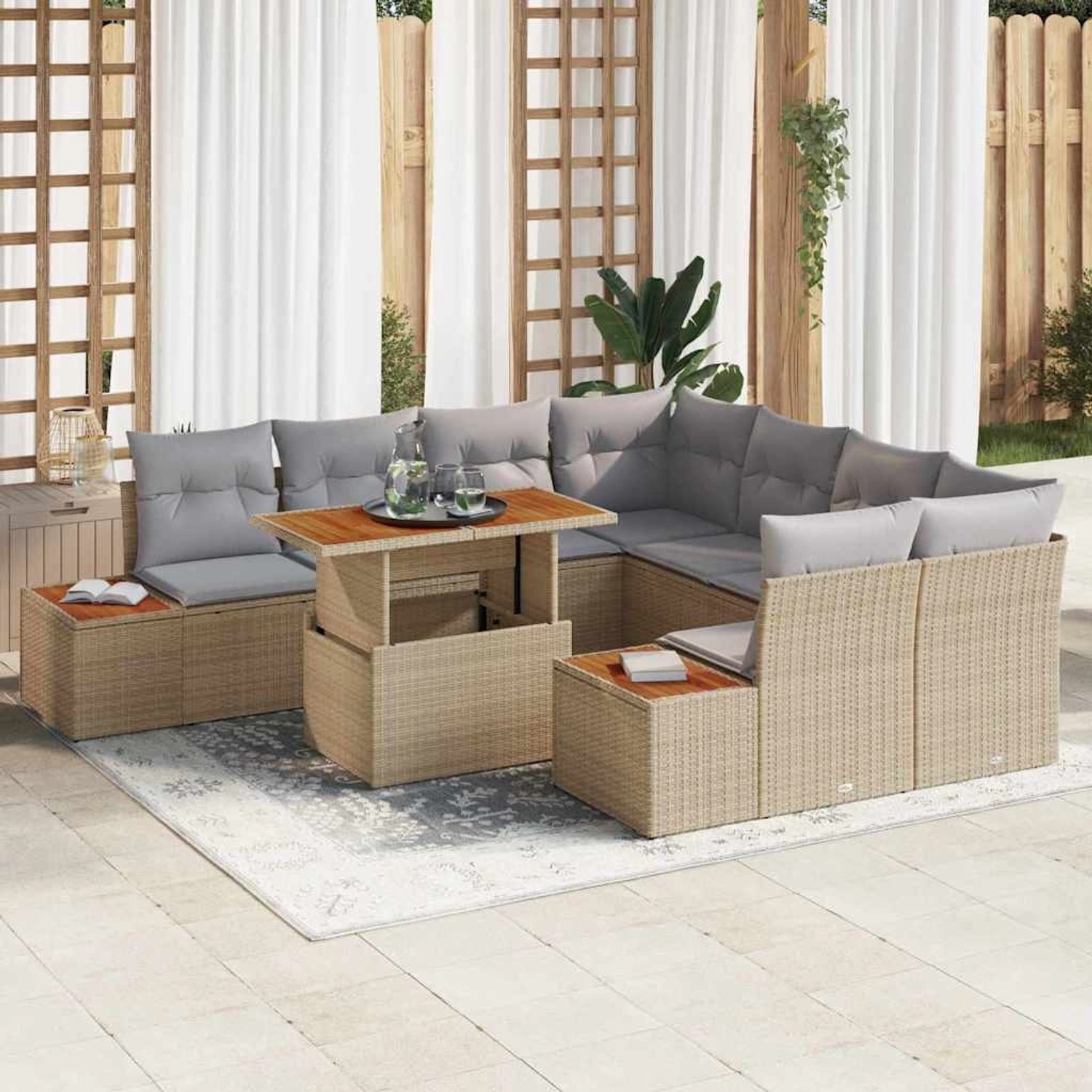 Beiges 9-teiliges vidaXL Garten-Sofa-Set aus Poly Rattan mit Tisch und Kissen.