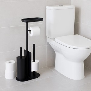 Freistehende, schwarze Relaxdays WC Garnitur aus Metall mit Toilettenbürste, Papierhalter und Ablage.