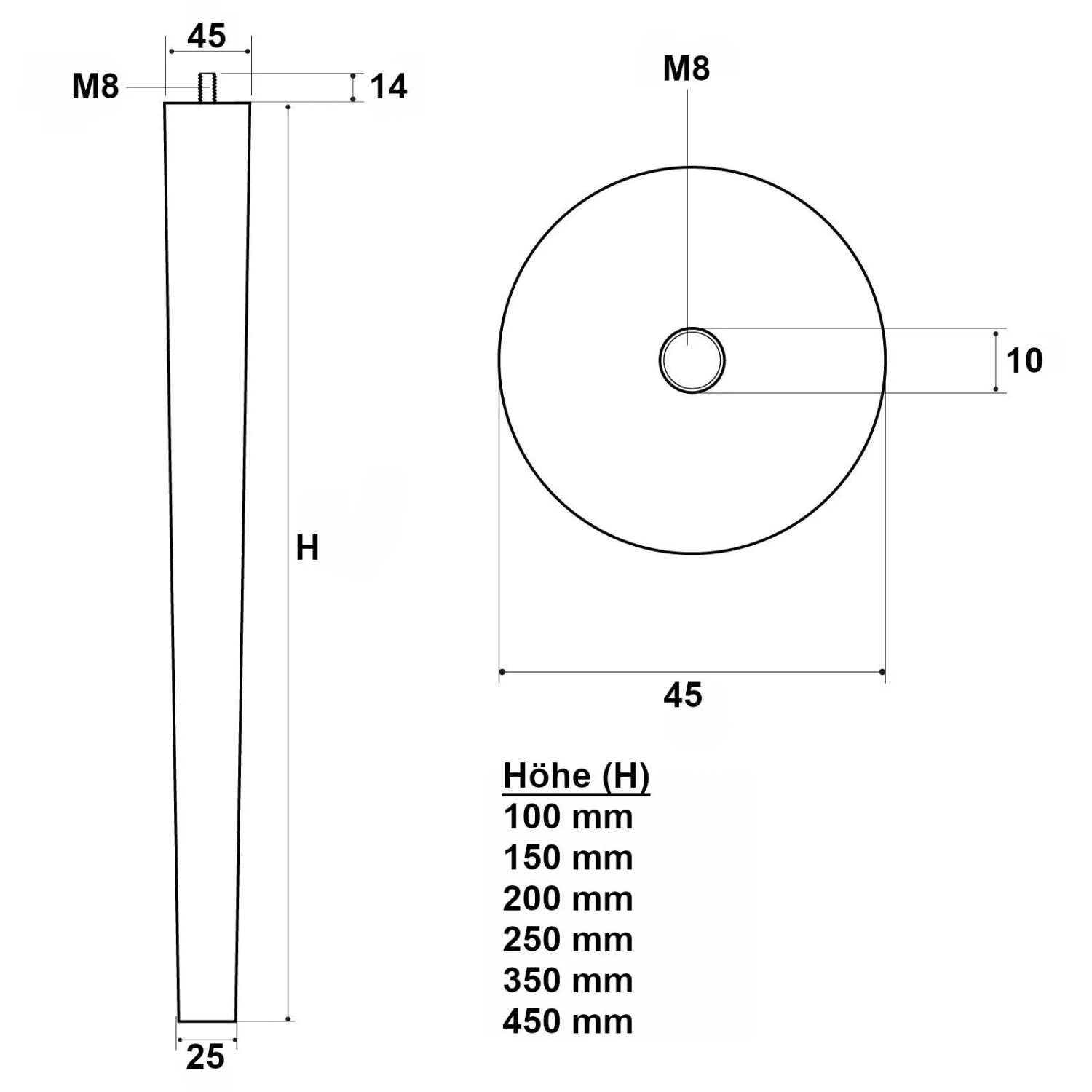 Technische Zeichnung SOTECH Möbelfuß Eiche Massiv. Konische Form, Ø45/25mm, M8 Gewinde. Maße für Möbelbeine.
