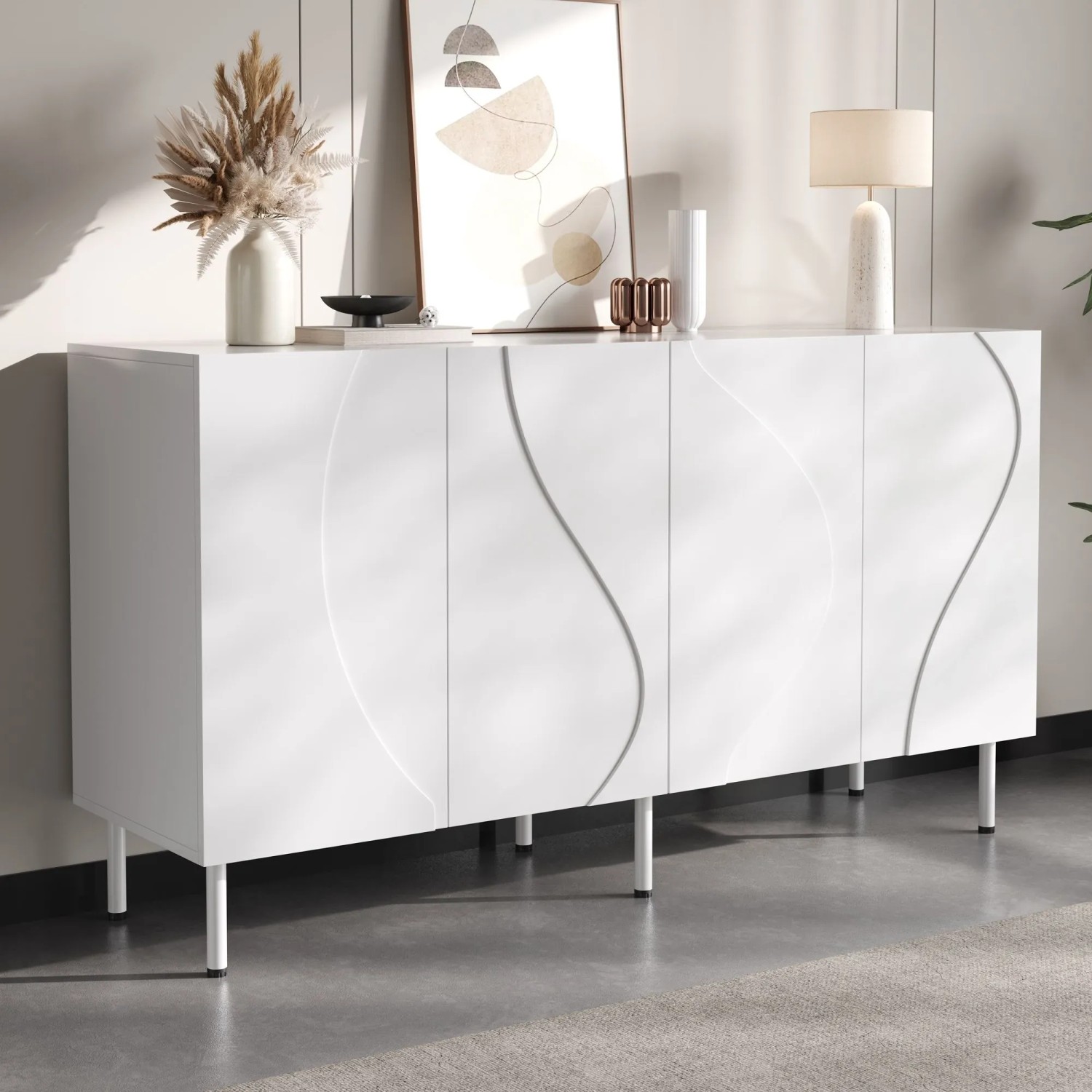 Weißes Merax Sideboard mit 3D geschwungenen Türen und griffloser Push-to-Open-Funktion. Moderner Wohnzimmerschrank auf Metallfüßen.