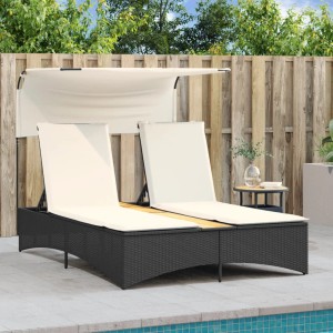 Schwarze Doppel-Sonnenliege mit Dach und Auflagen aus Poly Rattan für den Garten.