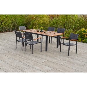 Merxx Paxos Gartenmöbel-Set mit Ausziehtisch und 6 Stapelsesseln aus Akazie, Aluminium und Textil.