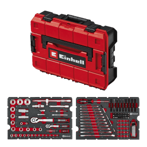 Einhell Werkzeugkoffer Mechanik E-Case, 201-teilig, mit Werkzeugsortiment im roten Koffer.