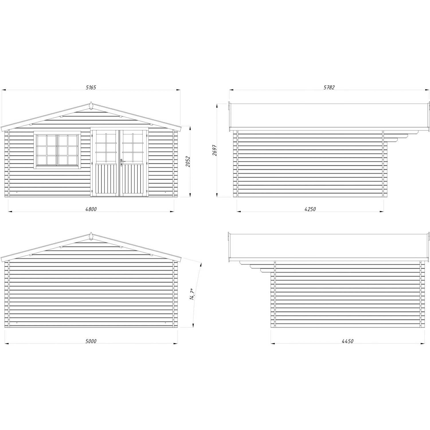 Technische Zeichnung Palmako Gartenhaus Britta, 480x425 cm, grau-anthrazit, mit Maßen.