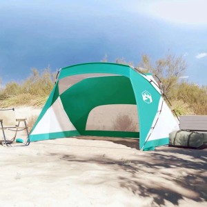 Meergrünes Strandzelt mit weißen Seiten auf Sandstrand. Offen, bietet Schatten. Ideal für Camping & Sonnenschutz am Meer.