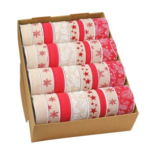 Geschenkband Weihnachten Leinen Natur Rot, verschiedene Muster im Karton.
