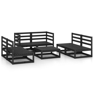Schwarzes 7-tlg. Garten Lounge Set aus Kiefernholz mit Tisch und modularen Sofas.