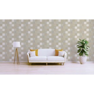Tadessi Vliestapete Fliesenoptik Creme. Quadratisches Fliesenmuster an der Wand eines modernen Wohnzimmers.