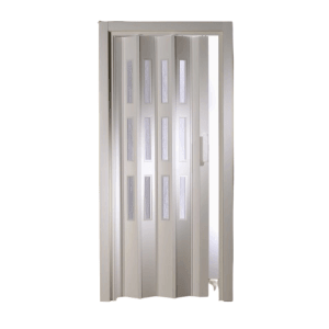 Weiße Kunststoff Falttür Luciana mit 3 Fenstern, geöffnet im Türrahmen.