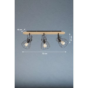 Fischer & Honsel Deckenleuchte mit 3 Spots, schwarz/Holz, E27, max. 40W. Vintage-Look für Wohnraum und Flur.