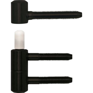 SFS Einbohrband für Futtertüren, 2-teilig, aus schwarzem Stahl mit Gewindebolzen. Türband 16 mm, RAL 9005.