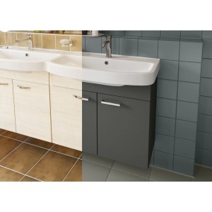 Waschbeckenunterschrank, Hälfte in Holzoptik, Hälfte mit Alpina Möbel-Lack Vulkangestein seidenmatt.